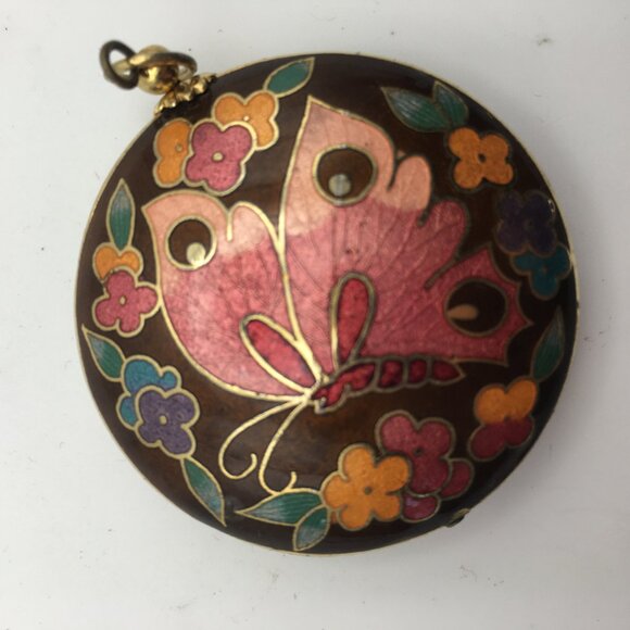Cloisonne Butterfly Pendant Necklace Black Pink Enamel Puff Double Sided Flowers - Picture 2 of 14